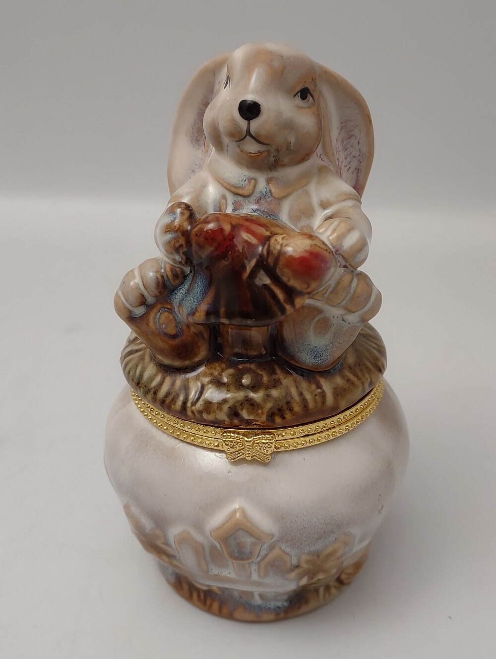 Bunny Figurine Box Ceramic Glazed Kirkland Potter's Garden Bun 5” Tall Lid Opens